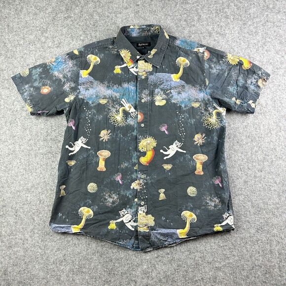 Ripndip Scuba Nerm Shirt Mens L Gray Cat Ocean Beach Surf Skater Street Button* - Picture 1 of 12